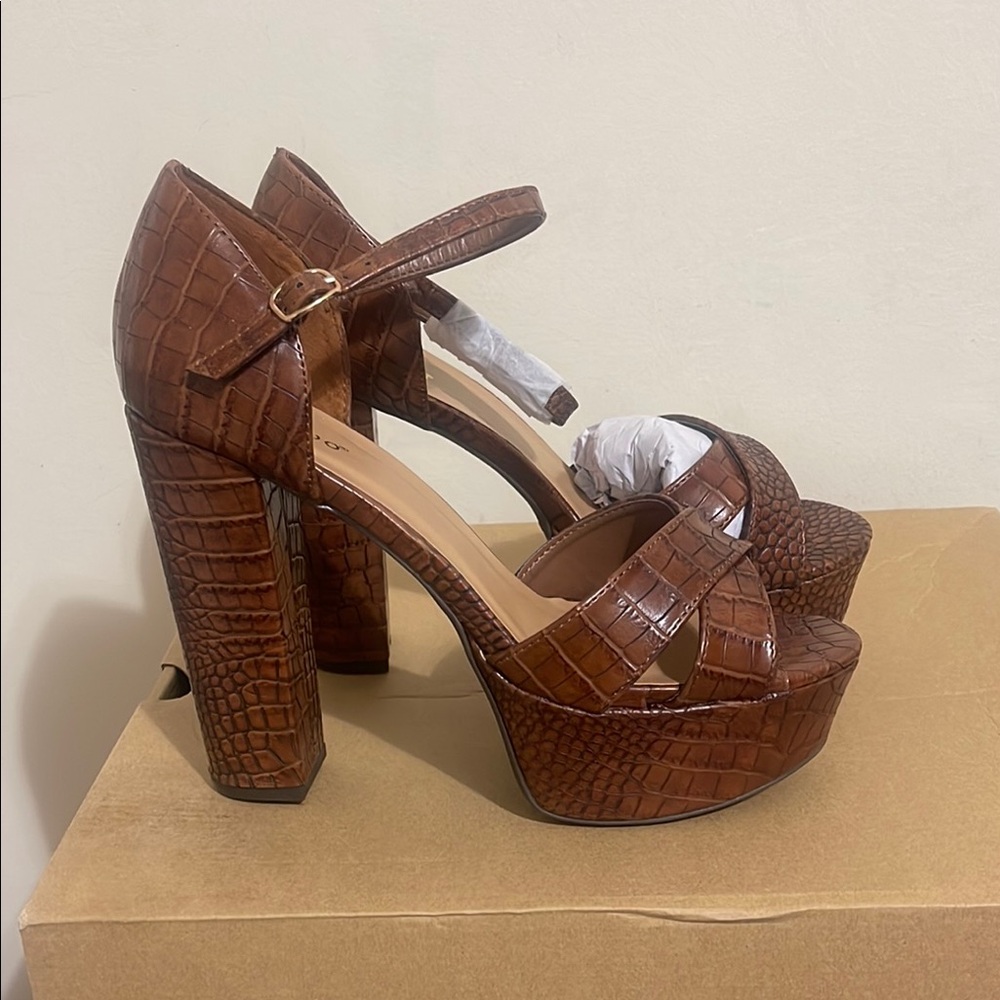 Brown Crocodile Pattern Platform Heels - image 1